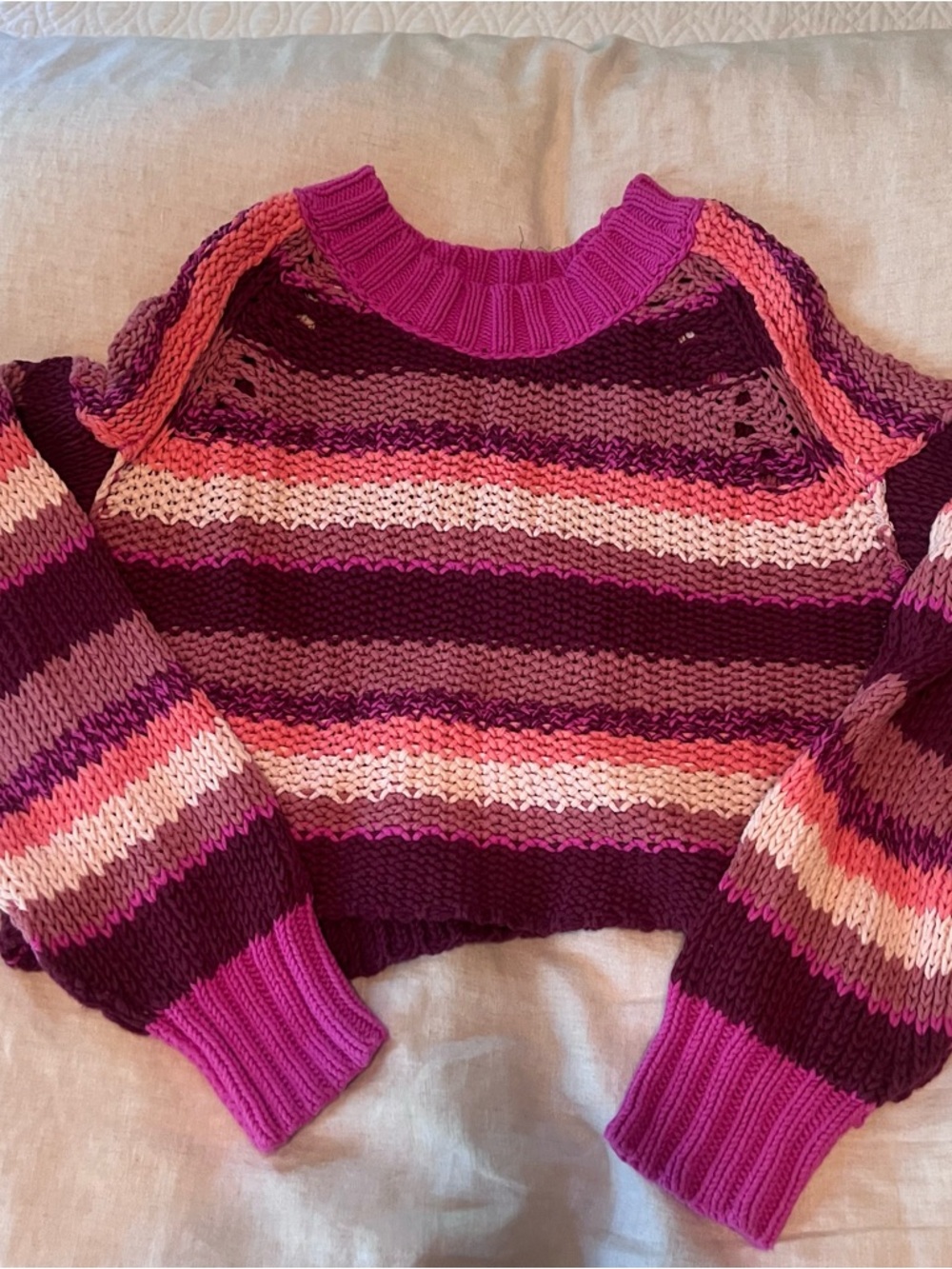 Free People Striped Crewneck Sweater in Fuchsia, Plum & Pink short waist
